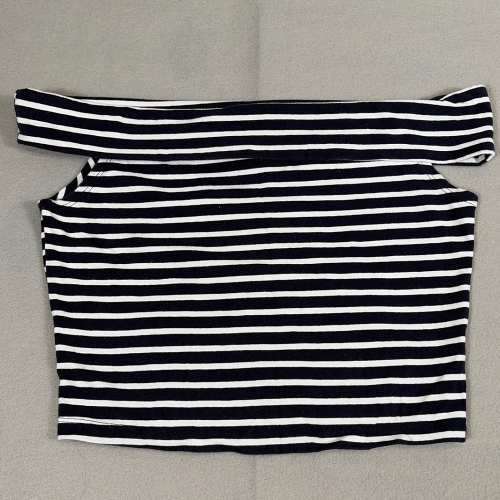 Wild Fable Navy Blue White Striped Off The‎ Shoulder Crop Top Medium